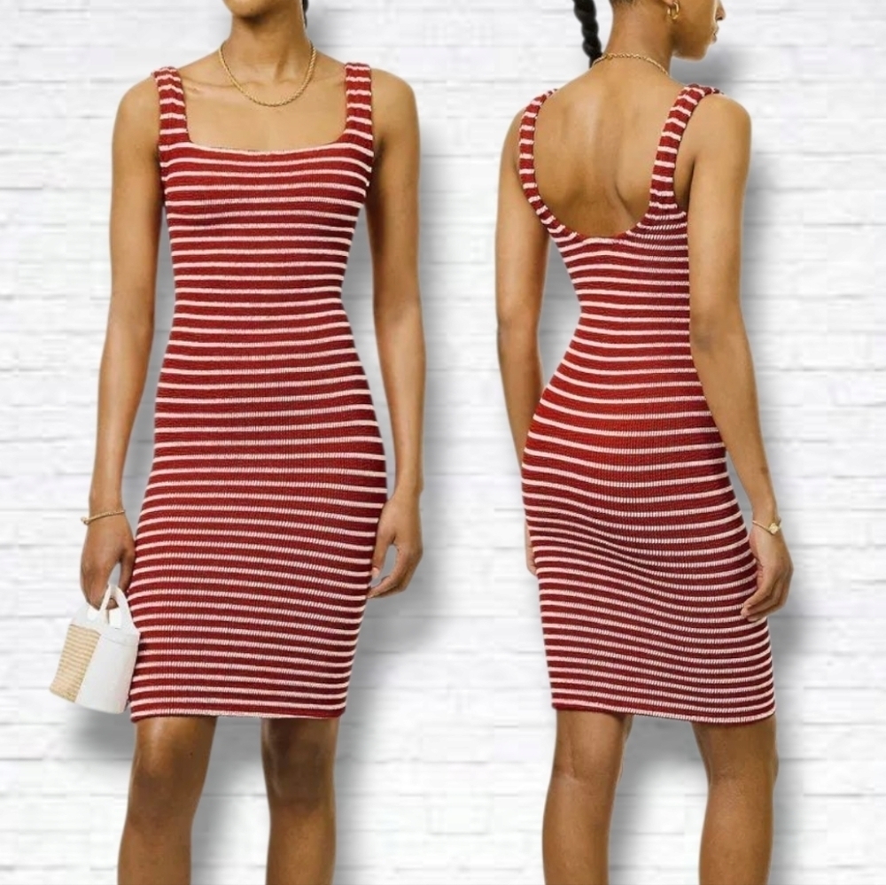 NEW! HUNZA G Red & White Striped Square-Neck Mini Dress One Size